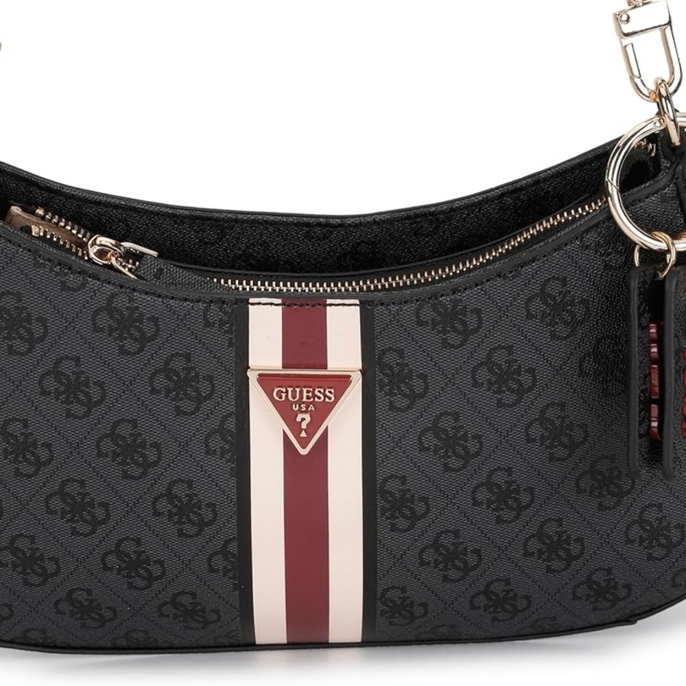 GUESS Black Shoulder Bag with burgundy and white accents.